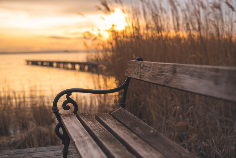 Autumnal,Sunset,At,The,Lake.,Lakeshore,With,A,Bench,And